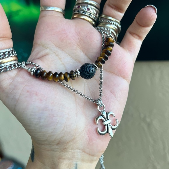 Set ! Fleur de lis / lys lily flower tiger eye necklace + earrings boho gems - Picture 2 of 16